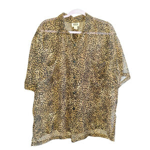 Vintage Kush Leopard Print Button Down Shirt L Brown Black sheer mob wife sz M